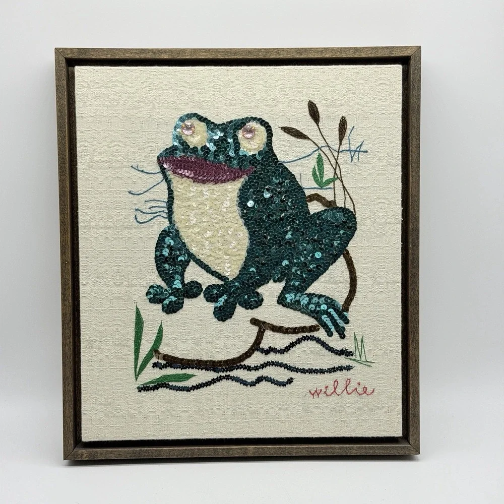 Sequenced‎ Embriored Frog Wood Framed Wall Hanging Cottage MCM 70s 80s Granny